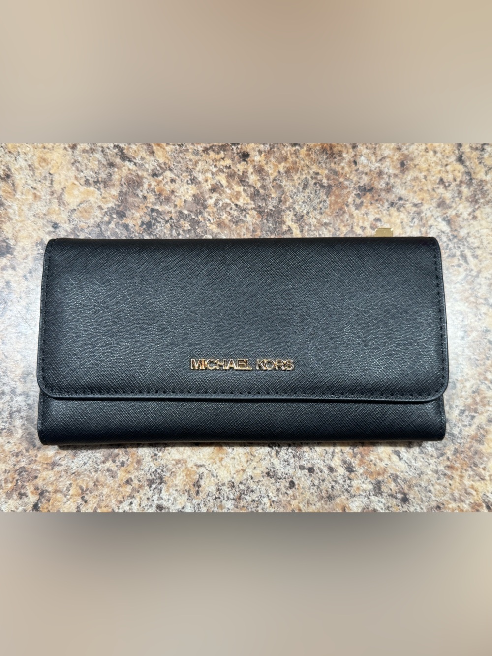 Michael Kors Black Leather Continental Wallet with Gold Logo NWOT